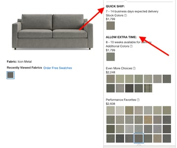 Product listing of a couch with various customization options that automatically change shipping time and price when selected