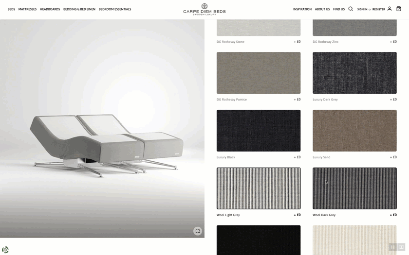 GIF showing changing views of a couch with materials and colors seen in a 3D configurator