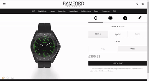 Bamford Watch product customizer on shopify with Threekit
