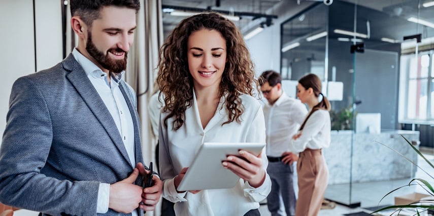 Business professionals browsing potential purchases in a visual configurator tool