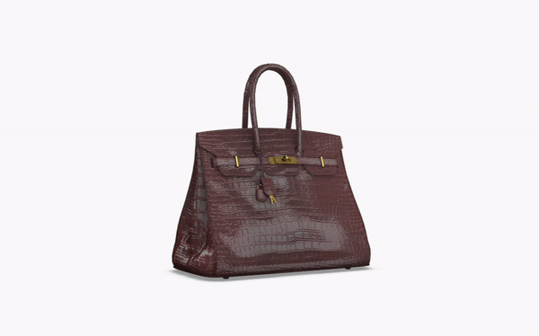 A GIF showing a 3D animated image of a Birkin bag showcased in different colors and angles.
