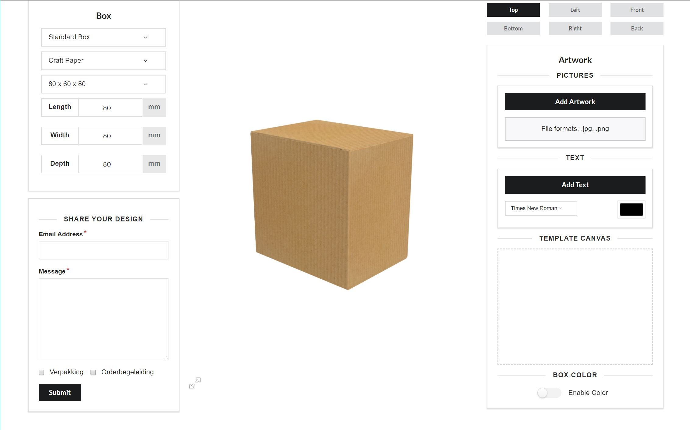 interface for creating custom boxes through a product configurator