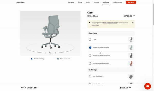 Visual configurator example from Herman Miller chairs