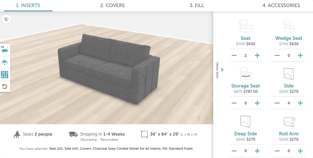 Furniture 3D configurator with 360 degree product spin