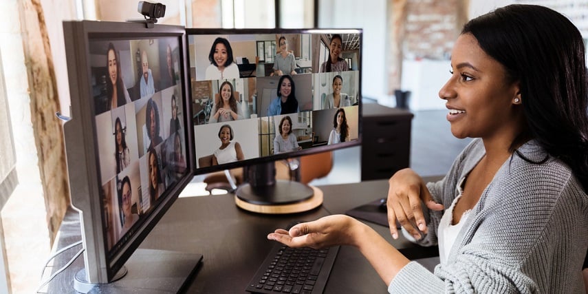 Professional hosting a comfortable video call on a desk ordered through a 3D customizer