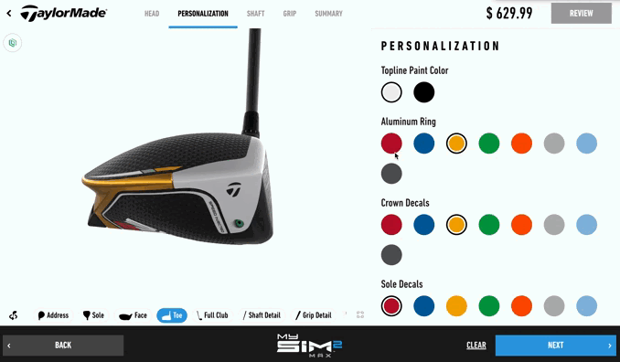 GIF of TaylorMade's golf club configurator showing changing product features, styles, and colors 