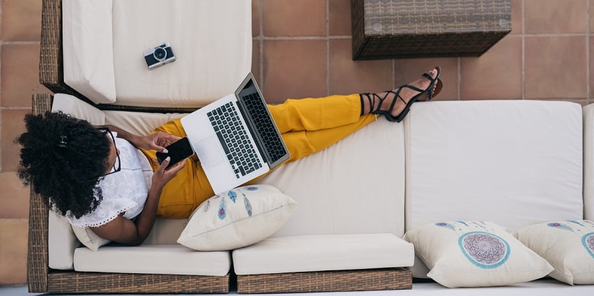 Woman shopping for patio accessories through a platform with SAP product configuration