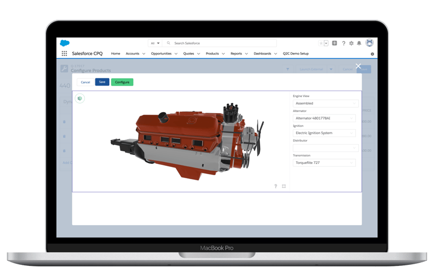 engine is configured in 3D on Threekit’s CPQ integration