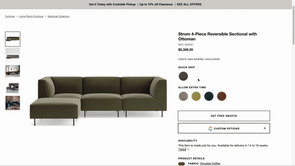 crate and barrel couch customizer with virtual photographer