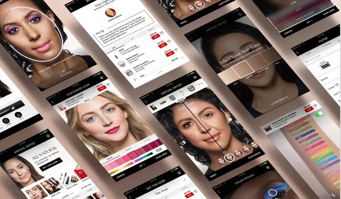 Several images of Sephora’s AR-powered virtual makeup artist application
