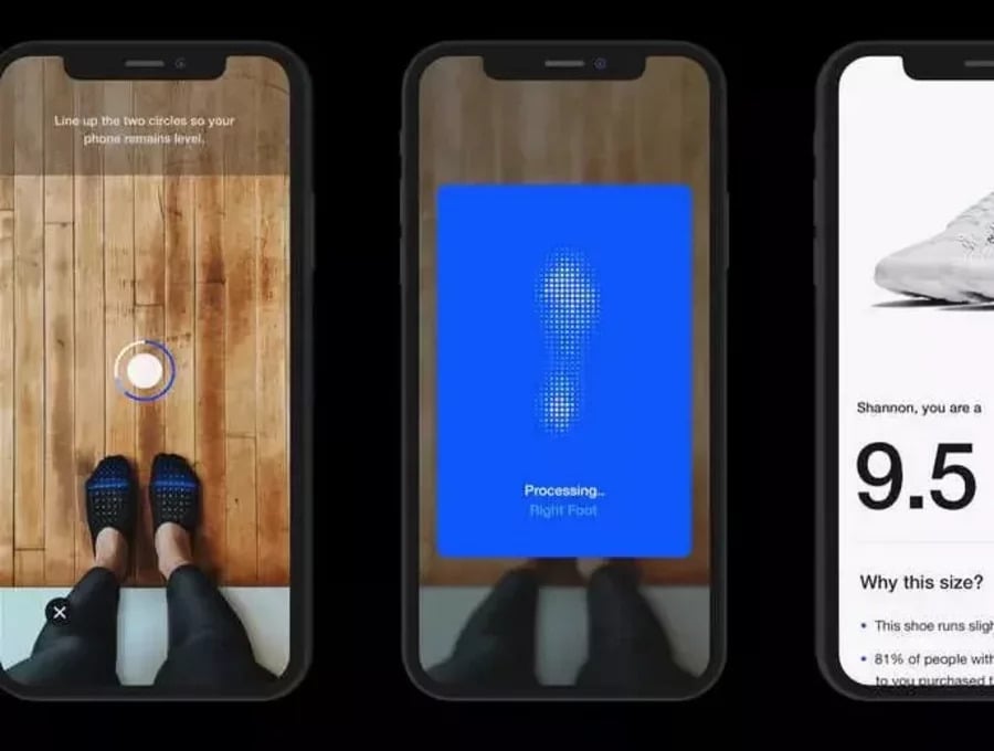 Three mobile views of Nike’s AR-powered shoe size app