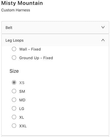 misty mountain custom leg loop sizes