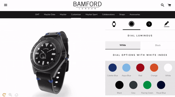 Bamford watch online product customizer with Threekit on Shopify