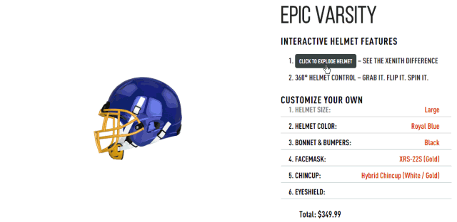 Gif showing 3D image of football helmet exploded to show individual components of it