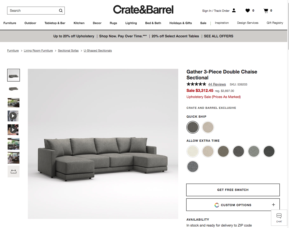 3d product photography / virtual photographer photo of crate & barrel couch