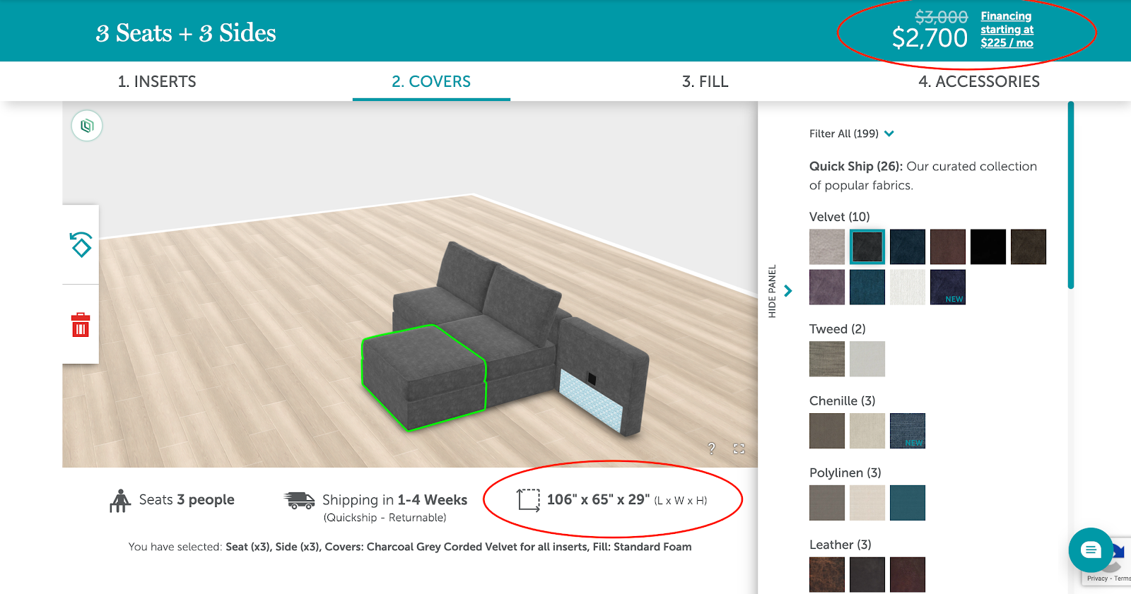 couch configurations clearly displaying sizing and options