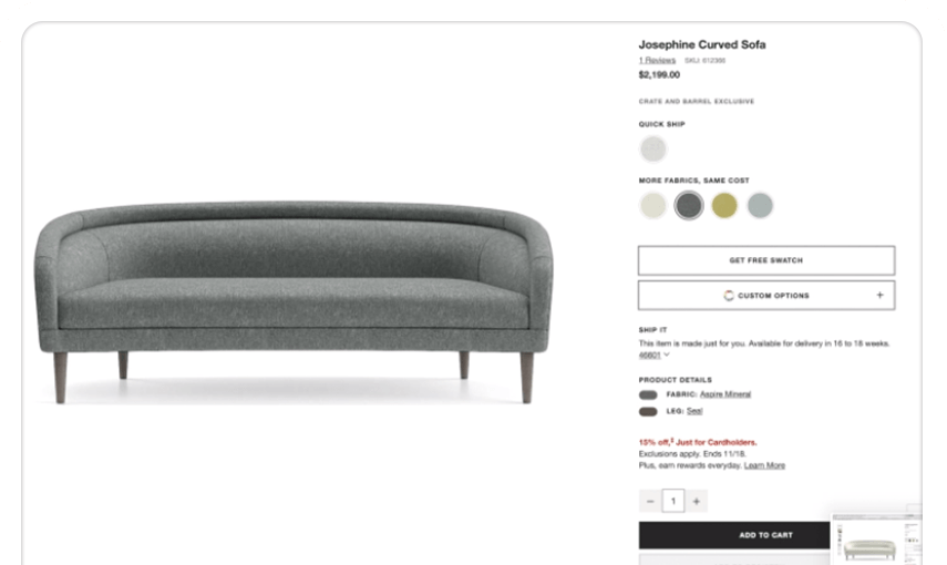 sofa in an easy-to-navigate product configurator