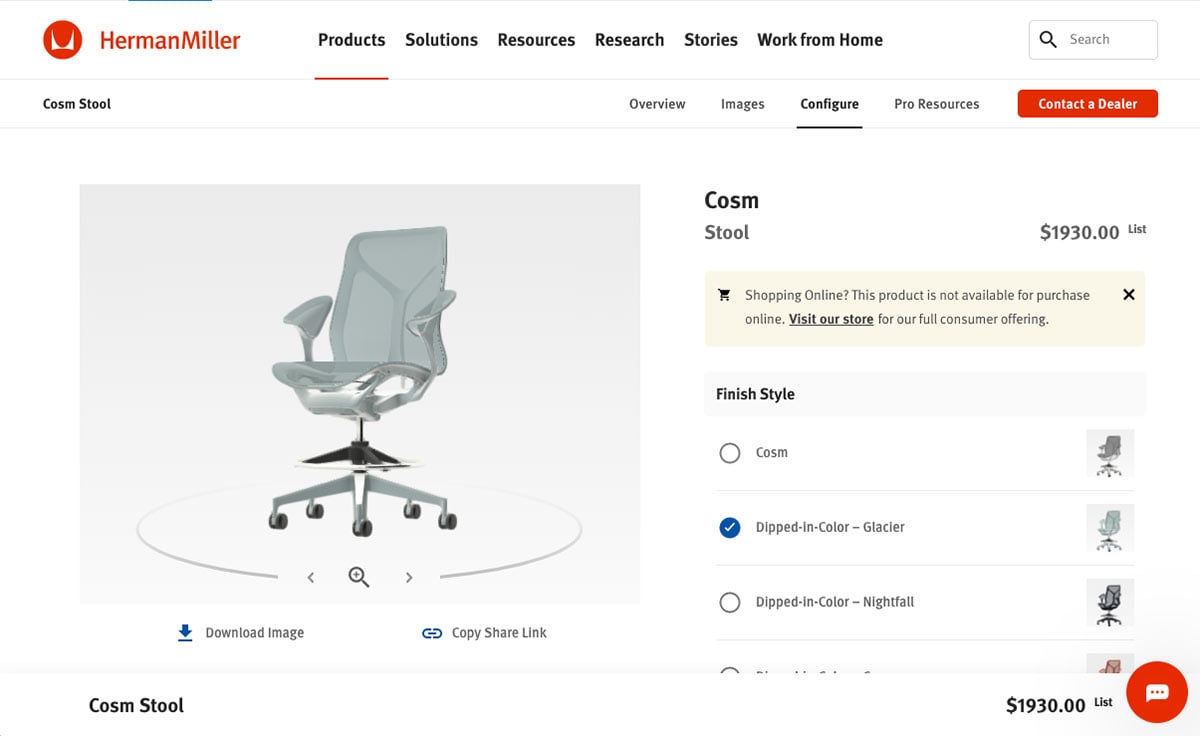 a chair in a BigCommerce product configurator with configuration options and clear pricing