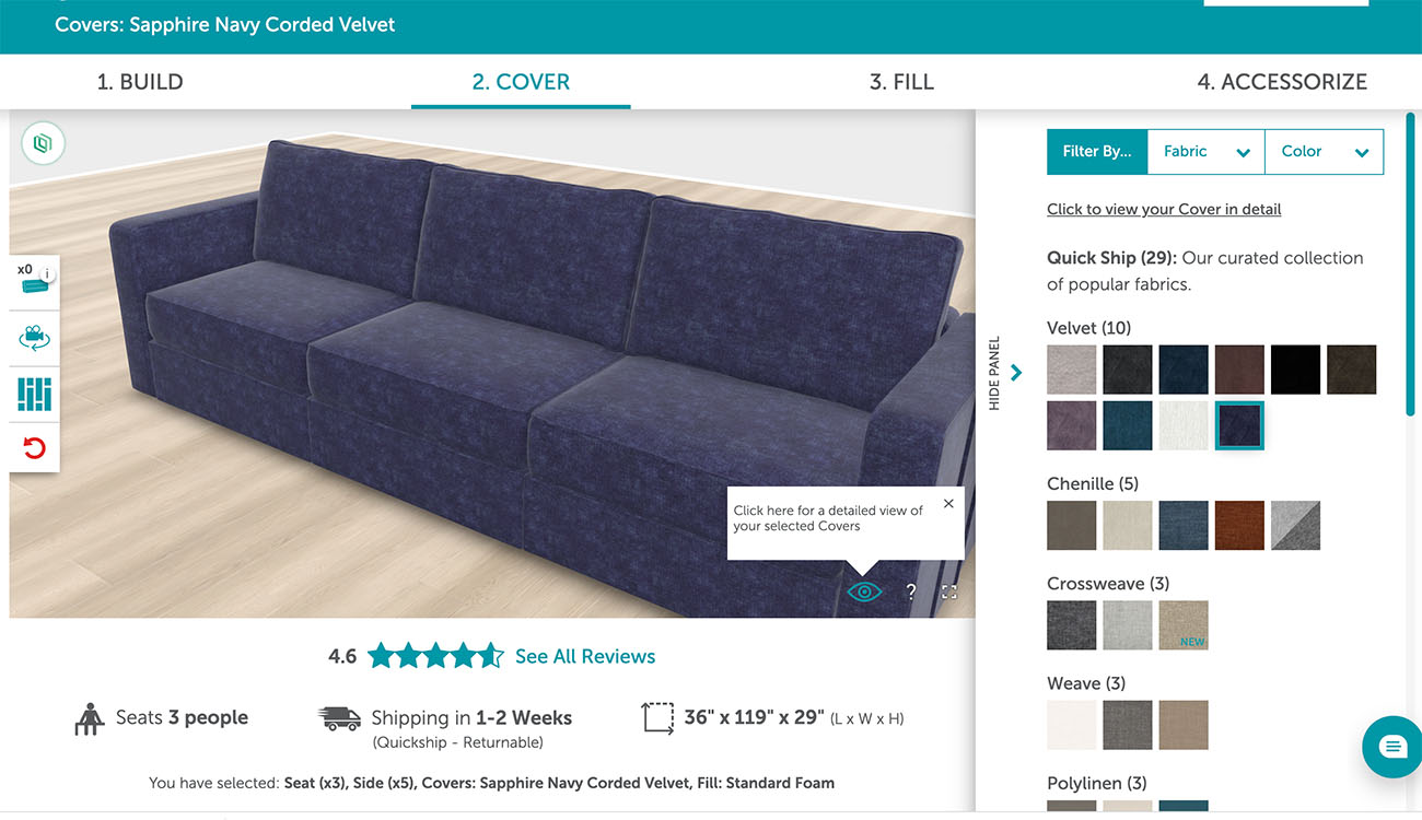 custom couch product page