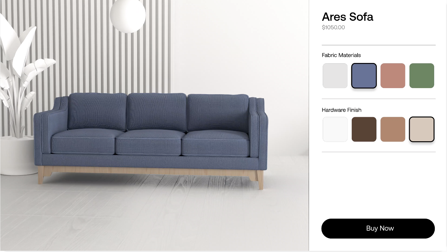sofa customization options that shoppers can select in a Magento product configurator