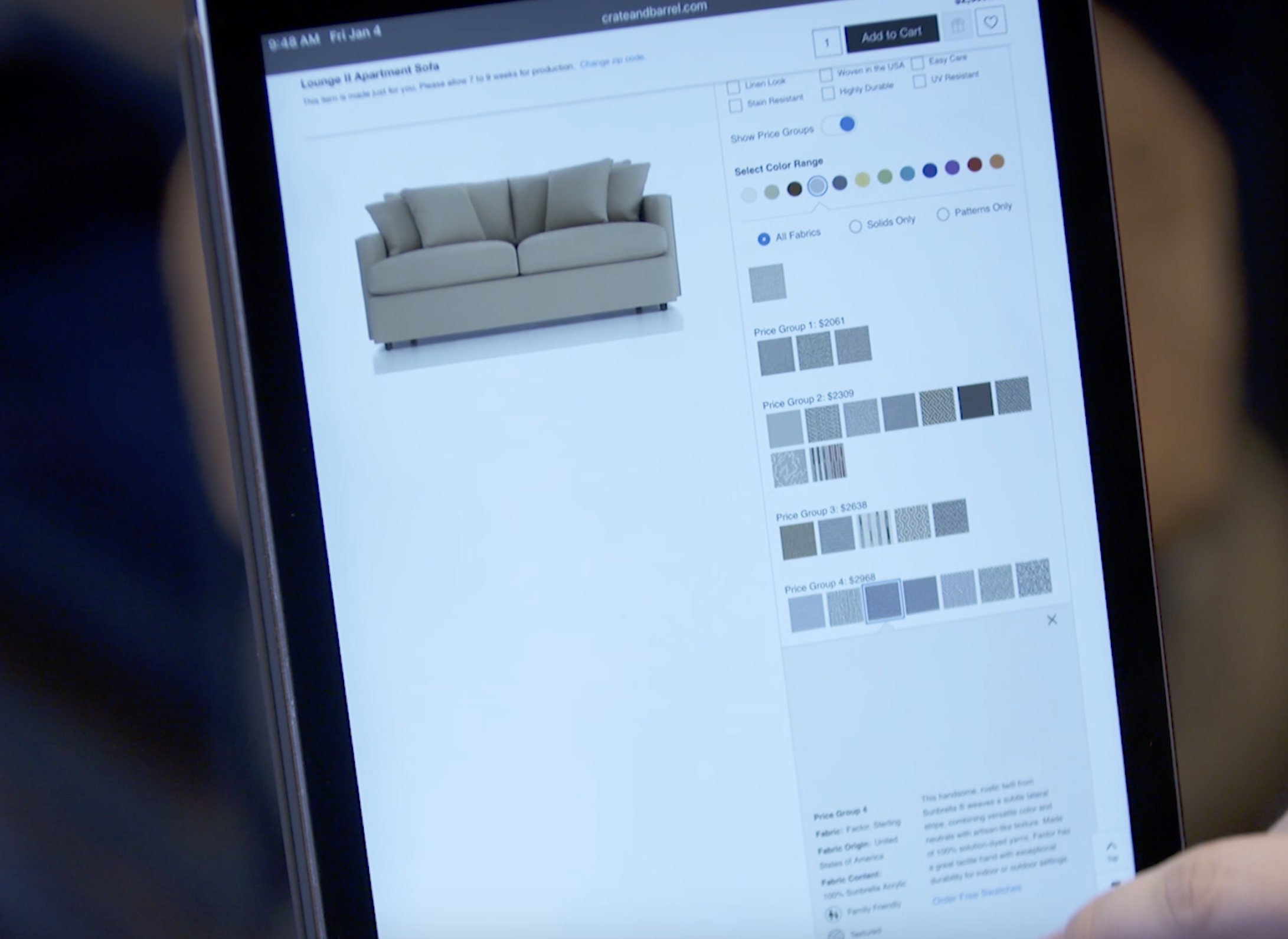 shopper browsing for a sofa in a 3D customizer