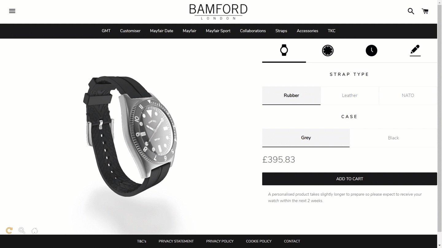a Bamford watch in a Shopify product customizer