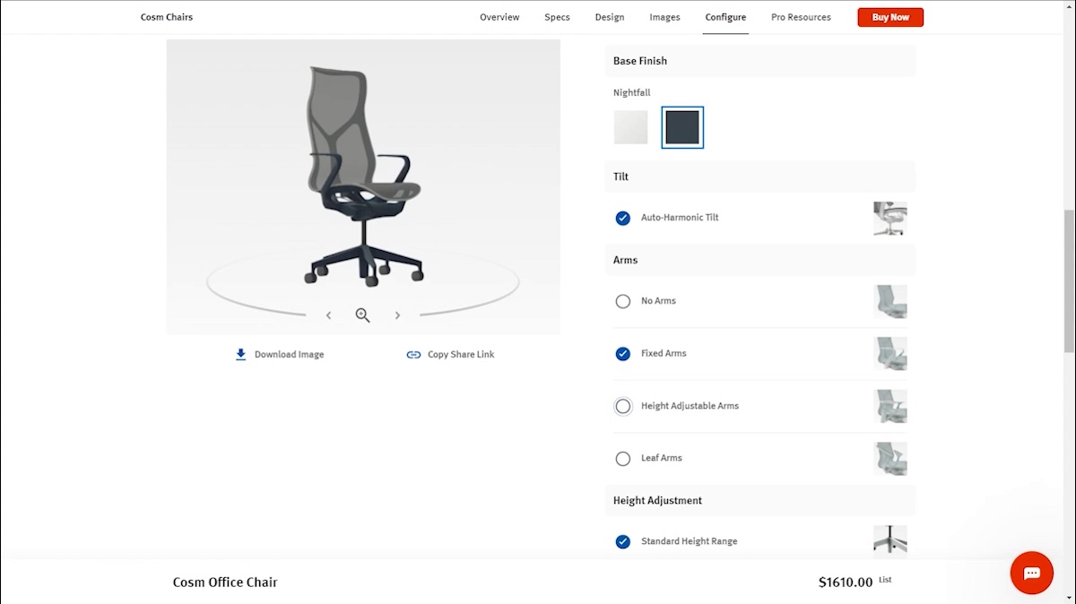 shoppers learning about chair options in an SAP product configurator