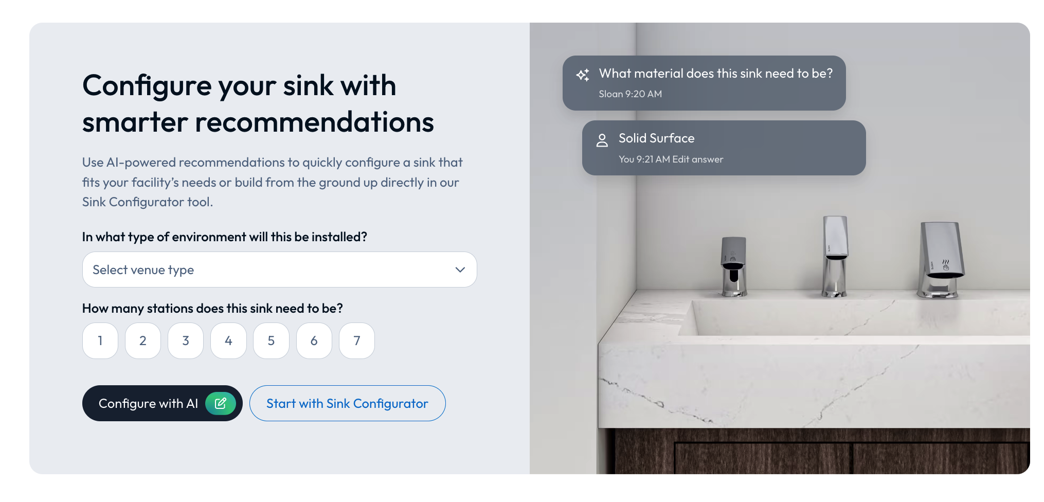 Sloan sink configurator with a recommended configuration